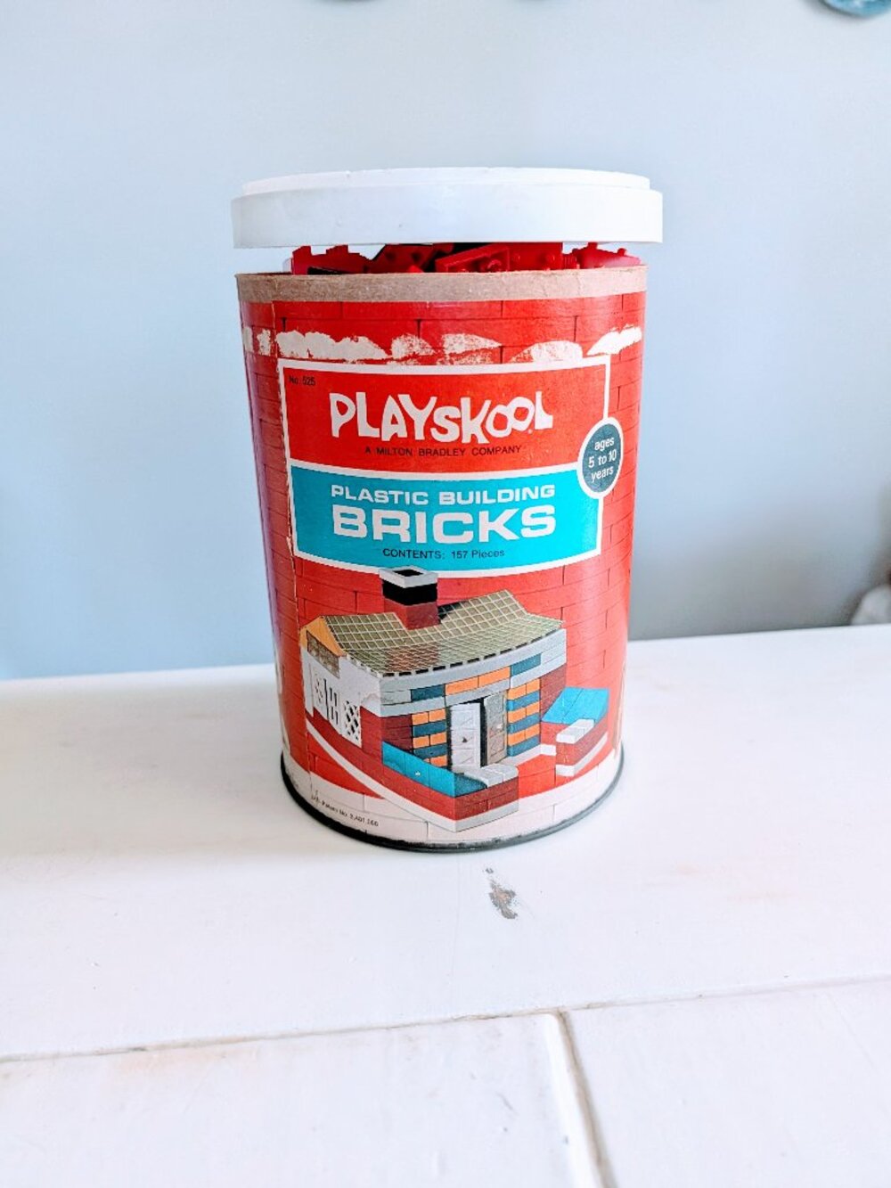 VTG Lot of 195+ 1970 Playskool Milton Bradley #525 Building Blocks Canister Elgo